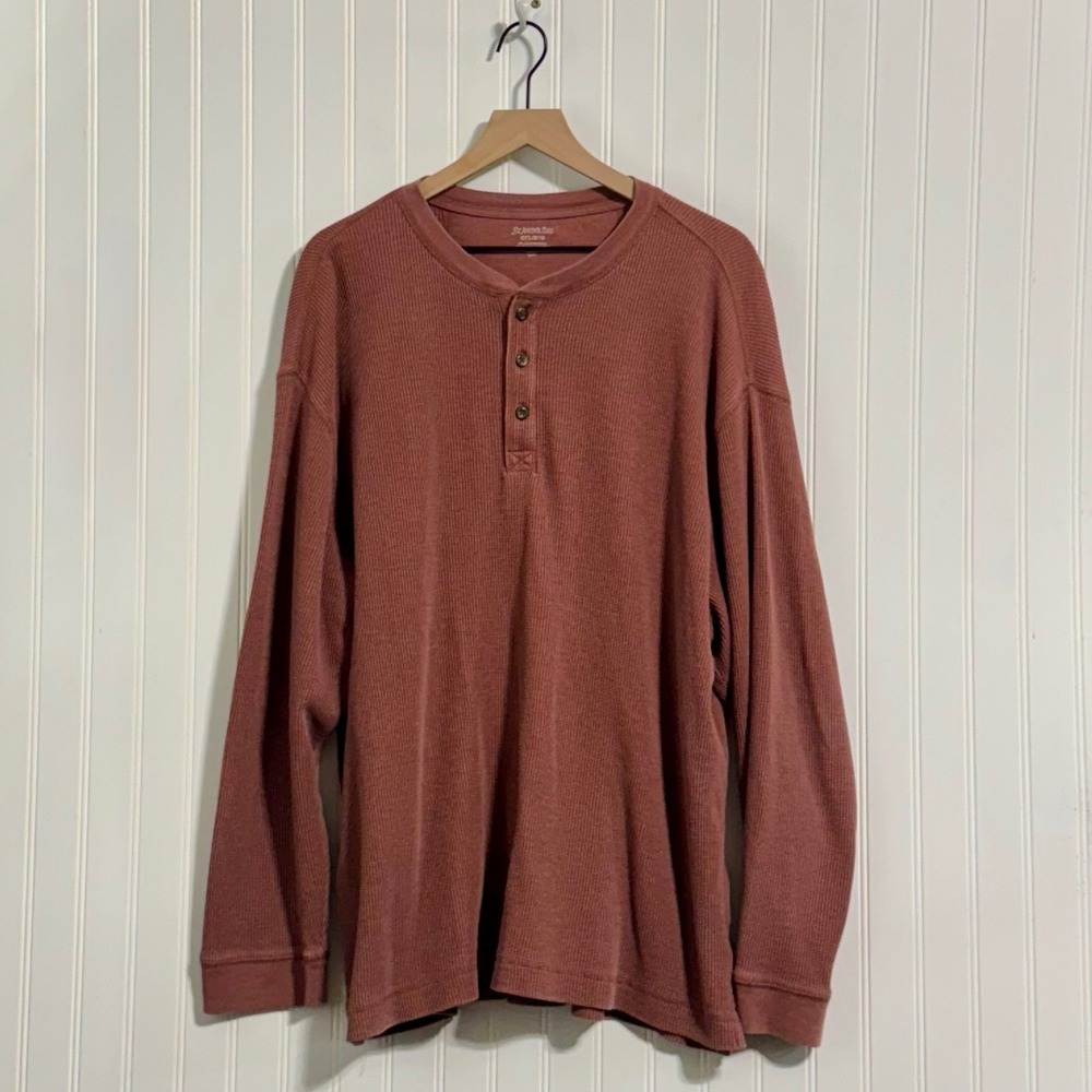 St Johns Bay Mens Henley Shirt 2XL Waffle Knit Thermal Long Sleeve Rose Brown